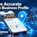 Smartphone with a local business map and icons representing accurate hours, phone details, and services.